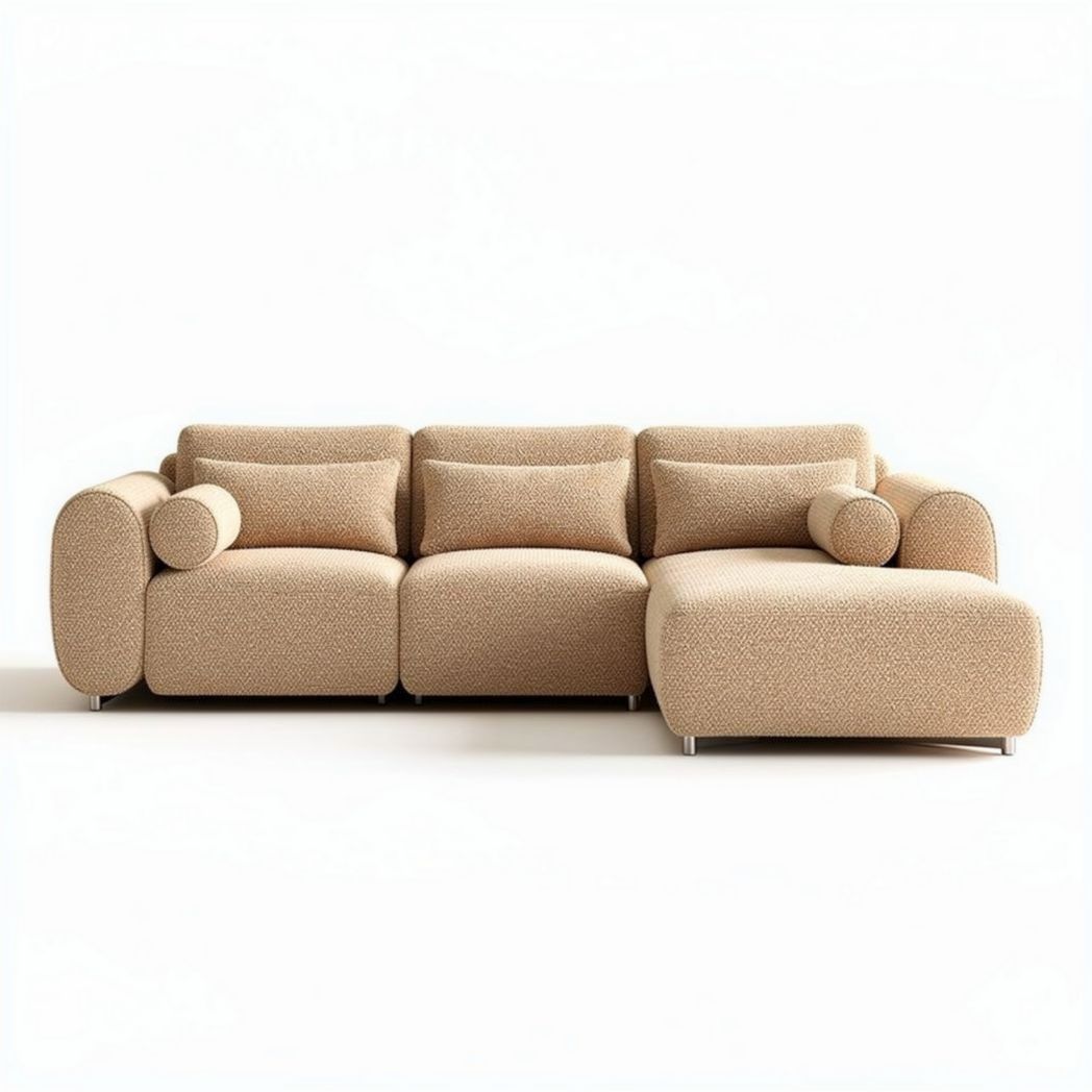 Sofá modular em tecido bege com dimensões 250 x 100 x 85cm