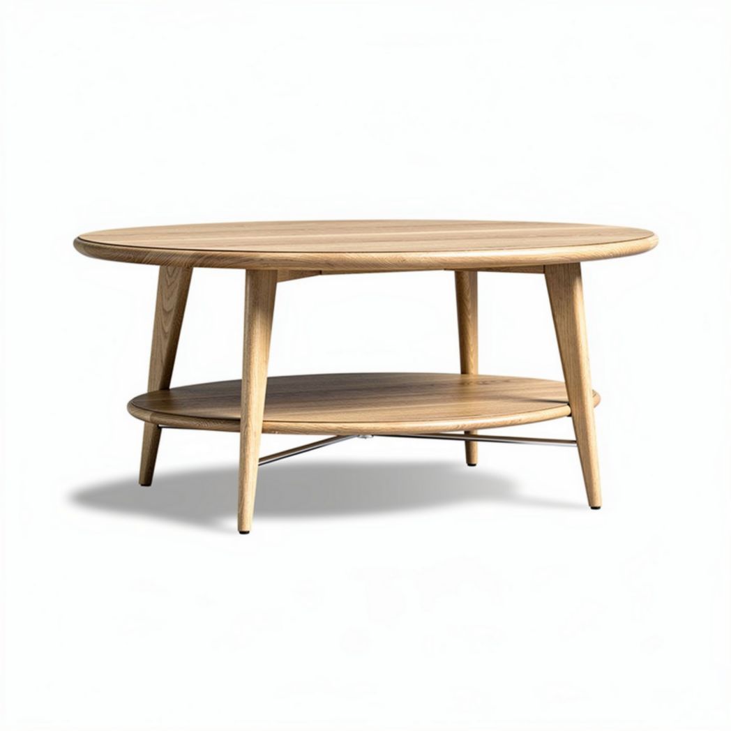 Mesa de centro ovalada em madeira natural com prateleira inferior 120 x 60 x 40cm