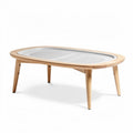 Mesa de café ovalada de madeira natural com superfície de vidro 100 x 60 x 45cm