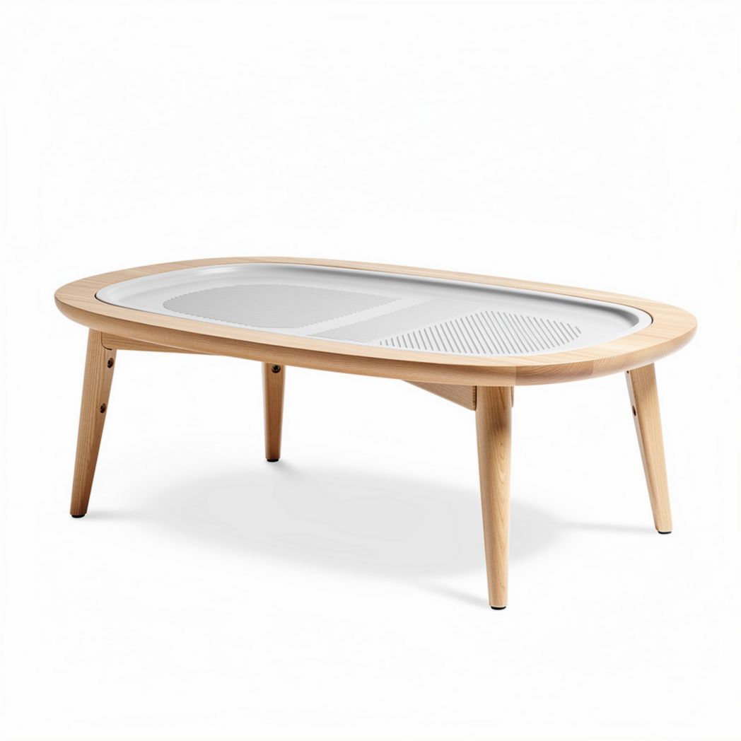 Mesa de café ovalada de madeira natural com superfície de vidro 100 x 60 x 45cm
